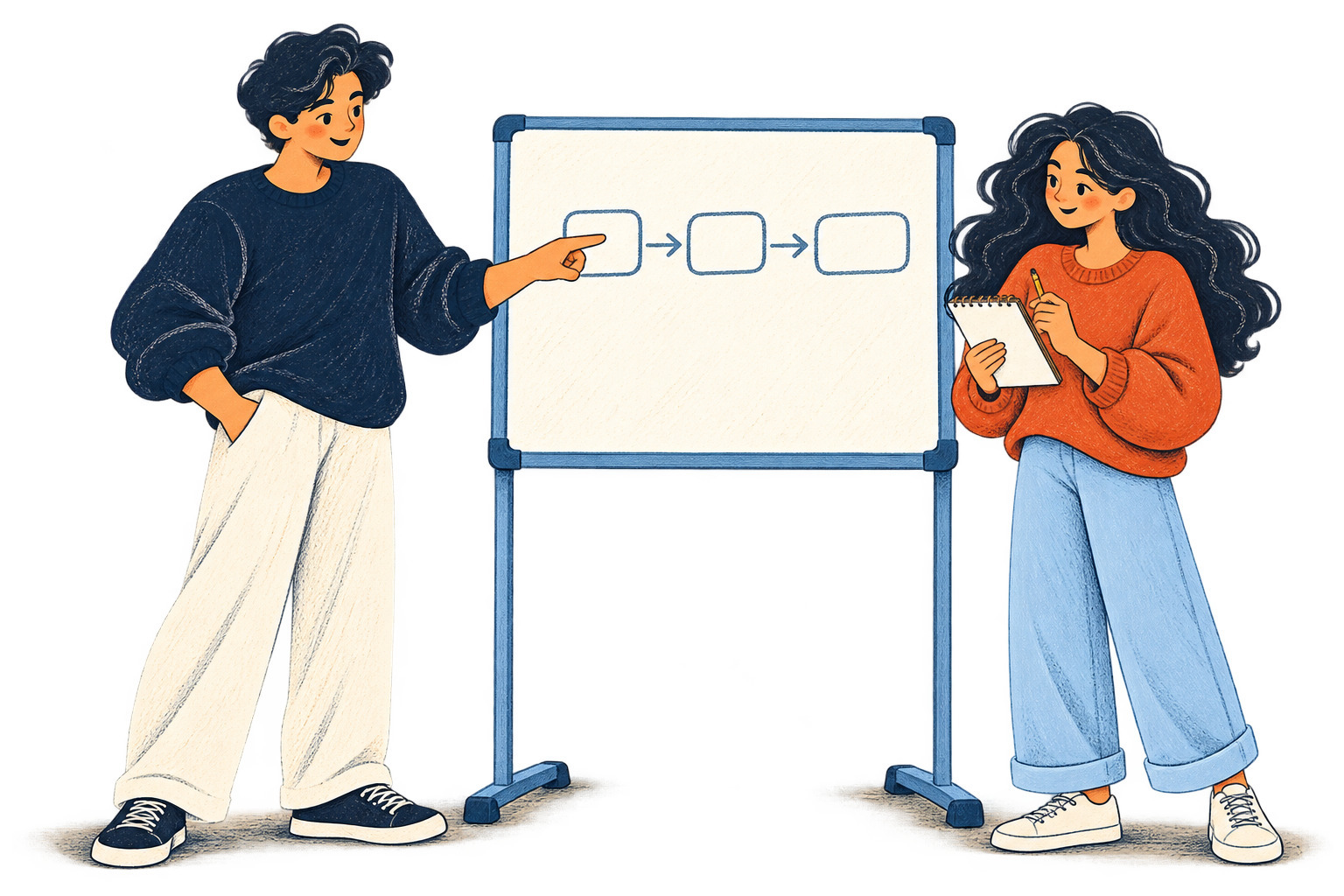 A mentor explains a simple diagram while a learner takes notes.