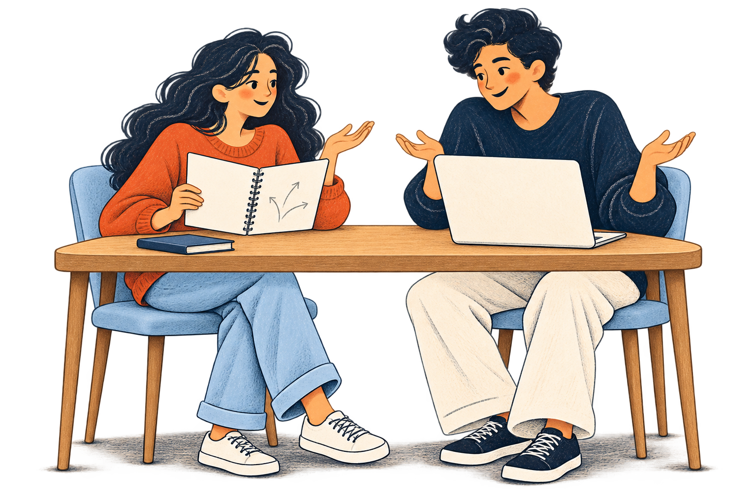 Mira and Kabir share an uncertain pause, with a notebook of unfinished arrows and a plain-backed laptop.