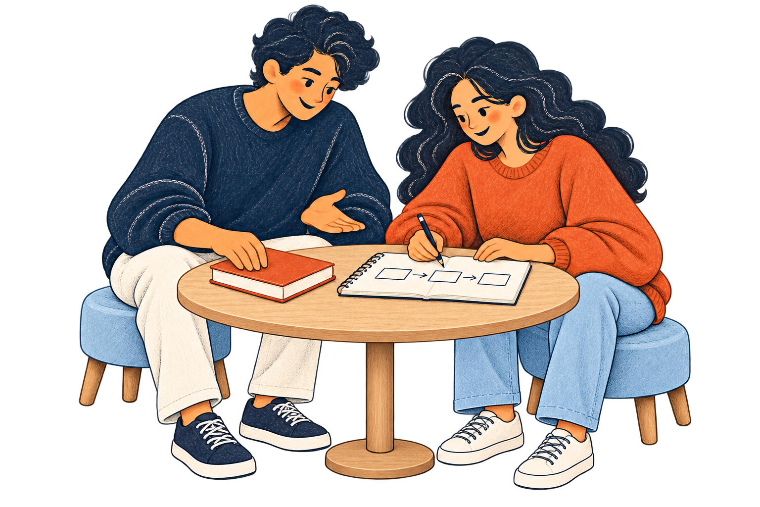 Mira sketches a three-step reading-list plan while Kabir places one book on their low study table.
