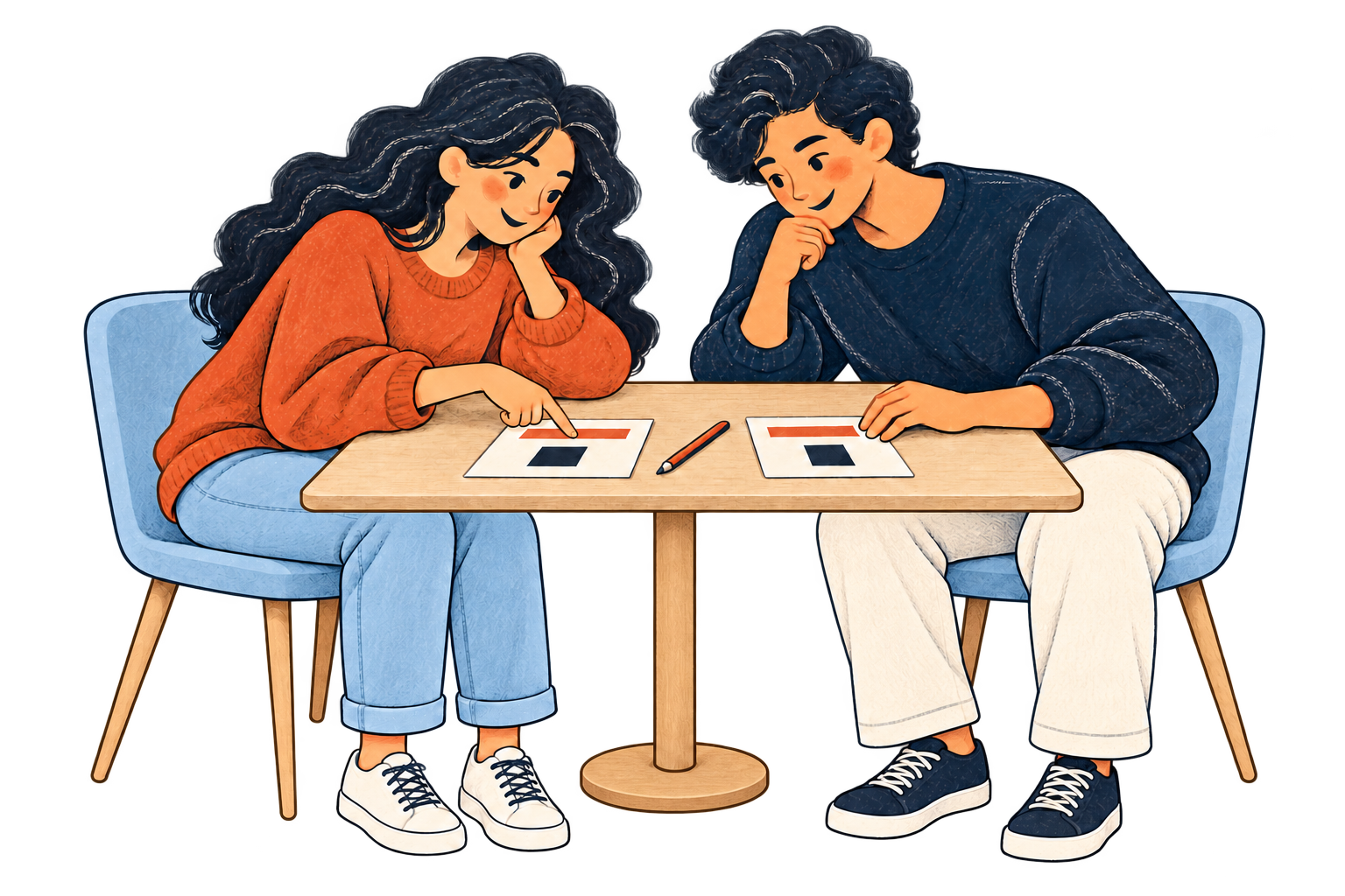 Mira and Kabir compare two matching book cards to trace a reading-list mistake together.