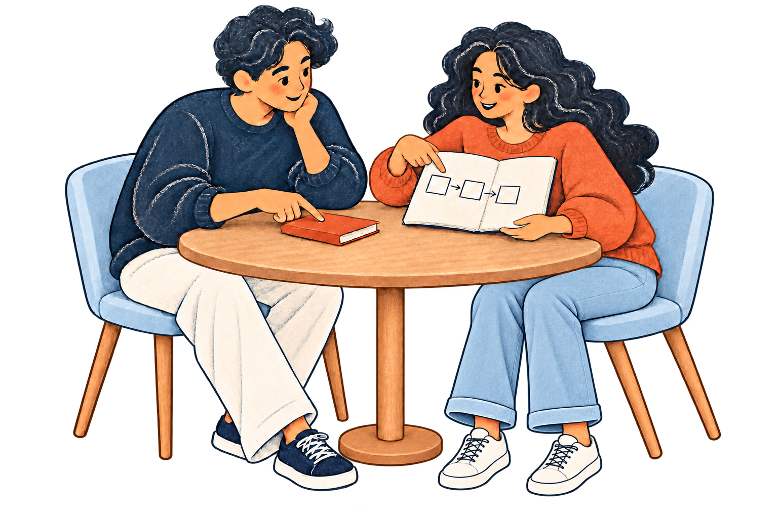 Mira explains three notebook steps while Kabir listens and checks a single book on their round study table.
