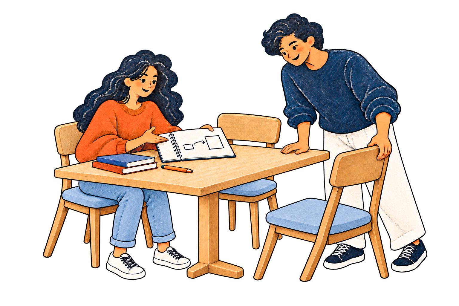 Mira turns a sketch notebook toward an empty chair while Kabir pulls it up to their library table.